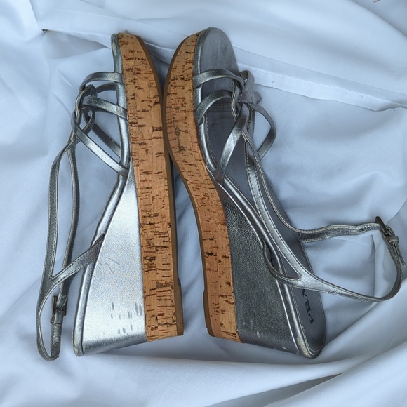 PRADA Platform Wedge Sandals Silver Cork Heel 36 1/2 - Picture 5 of 8